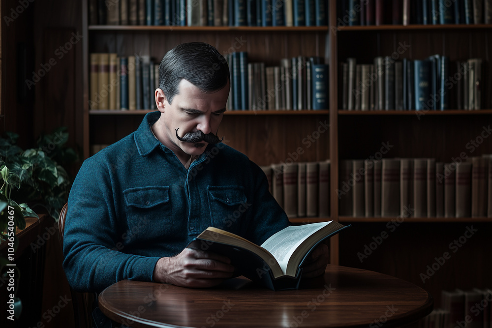 A man sitting in a library, focused on reading with a well-groomed mustache A man sitting in a library, focused on reading with a well-groomed mustache