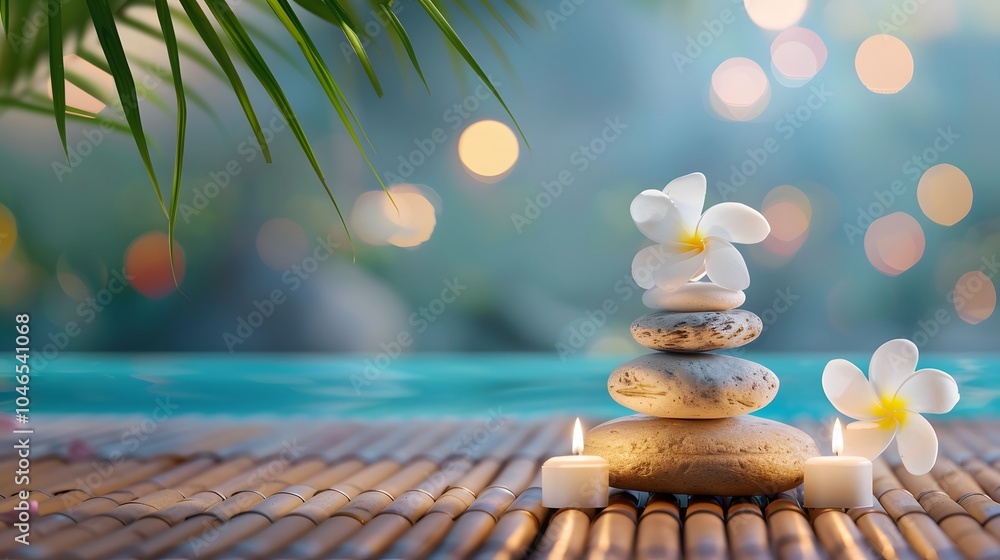 Obraz premium Serene arrangement of stones and flowers in tranquil setting
