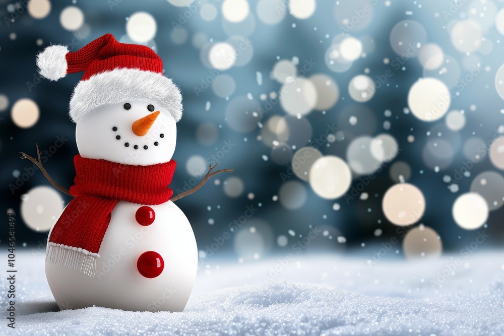 A joyful snowman stands in a winter wonderland, adorned with a red scarf and hat, smiling with a carrot nose and coal eyes against a snowflake-filled backdrop. A joyful snowman stands in a winter wonderland, adorned with a red scarf and hat, smiling with a carrot nose and coal eyes against a snowflake-filled backdrop.