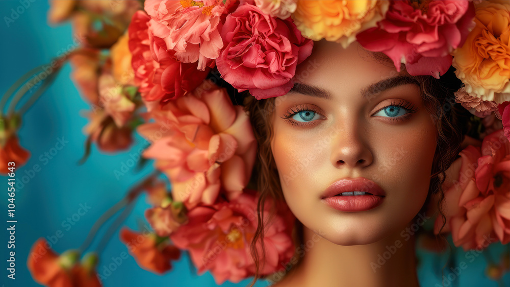 Studio portrait of a woman adorned with vibrant flowers against a colorful backdrop Studio portrait of a woman adorned with vibrant flowers against a colorful backdrop