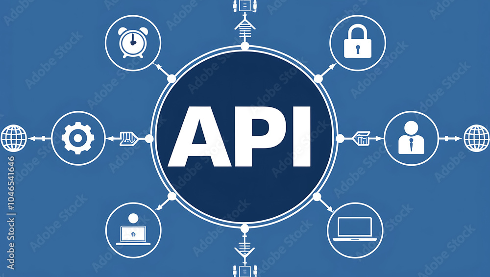 network diagram of 'API', API icons, Digital network, Blue background network diagram of 'API', API icons, Digital network, Blue background