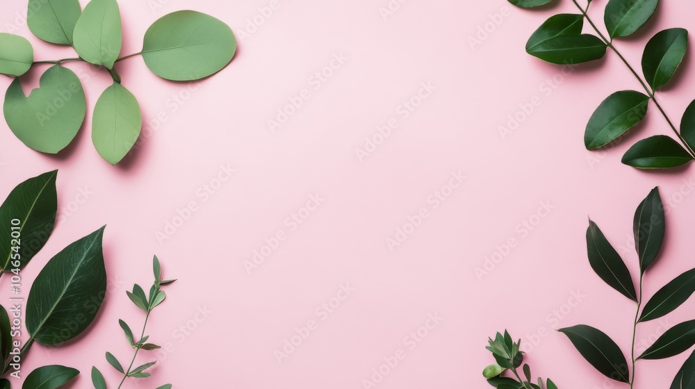 Fototapeta premium Photo of, Pink background with minimalist botanical elements like leaves and flowers for design, banner template