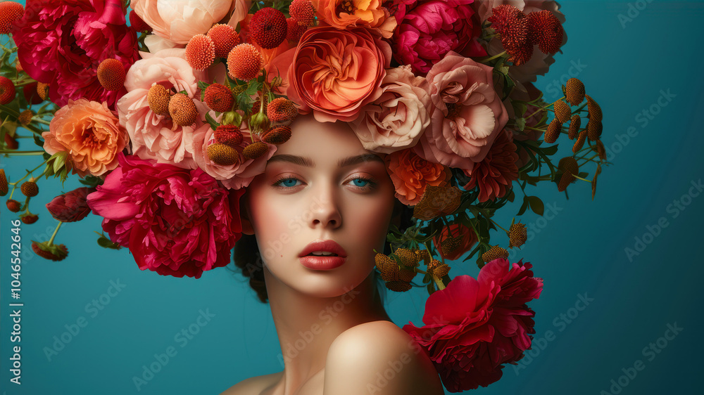 A woman adorned with vibrant flowers in a studio setting during a fashion portrait shoot A woman adorned with vibrant flowers in a studio setting during a fashion portrait shoot