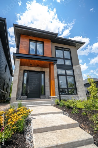 Spring sunshine illuminates the front of a newly constructed residence.