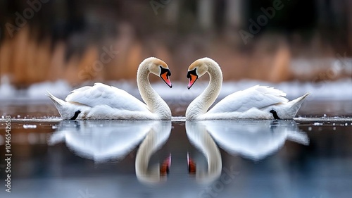 Fototapeta Naklejka Na Ścianę i Meble -  Two swans forming a heart shape on calm water, A pair of swans facing each other on a peaceful lake, their necks creating a heart shape, symbolizing love and tranquility in nature.

