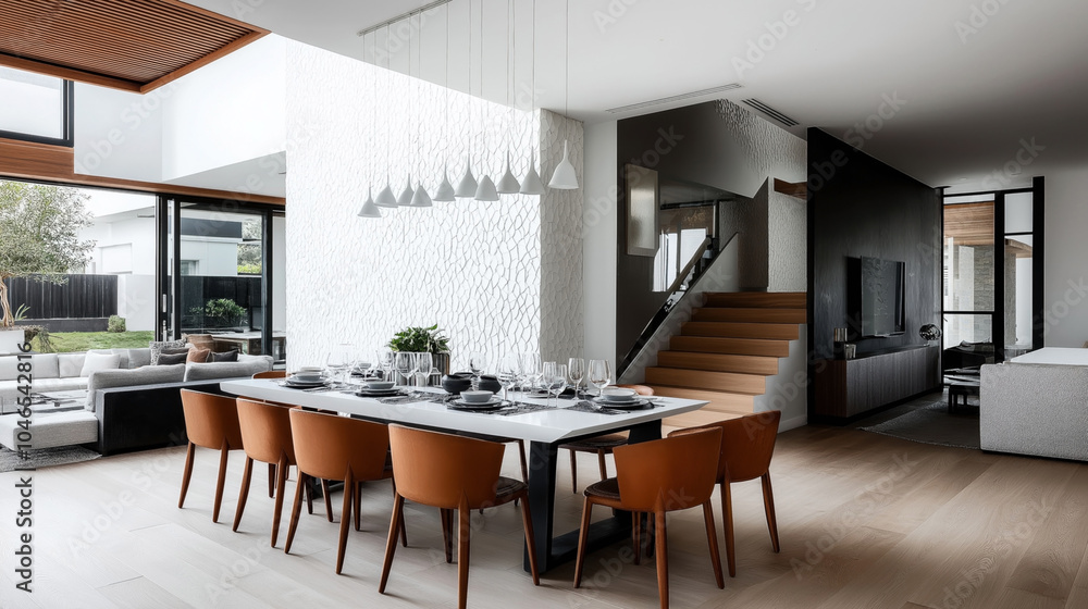 Modern open-plan interior with a dining area featuring a long table and orange chairs, adjacent living room with a sectional sofa, and wooden stairs leading upstairs. Modern open-plan interior with a dining area featuring a long table and orange chairs, adjacent living room with a sectional sofa, and wooden stairs leading upstairs.