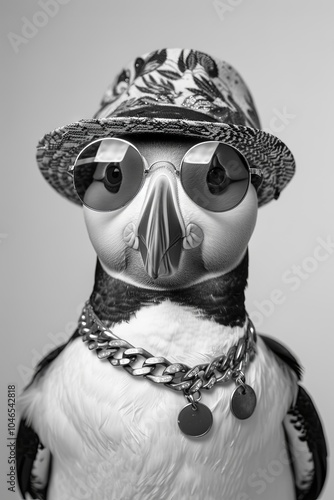 Stylish Penguin Portrait: A Fun, Fashionable Penguin Wearing Sunglasses, a Floral Hat, and a Chain Necklace, Perfect for Whimsical Stock Imagery. photo