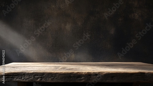 2410 54.Wooden table surface with a natural, textured finish and free space for decoration or product placement. The dark shadow on the wall behind adds a dramatic effect, making this setting ideal photo