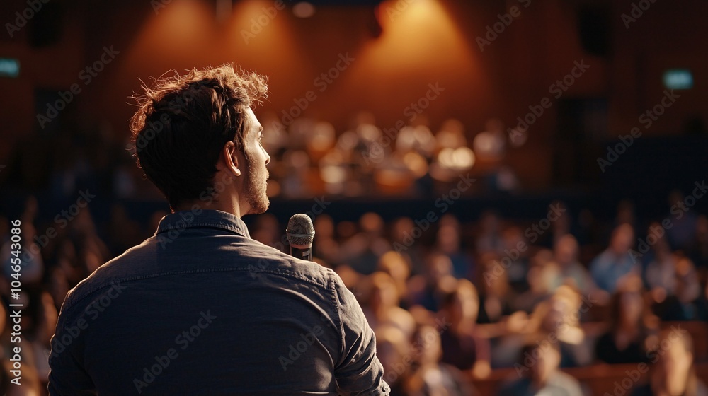 A dynamic speaker captivates the audience at a small conference, sharing insights with enthusiasm and precision. A dynamic speaker captivates the audience at a small conference, sharing insights with enthusiasm and precision.