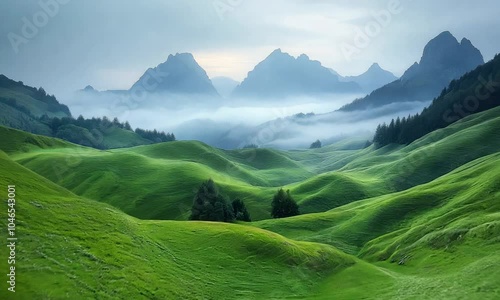 Lush green hills with misty mountains in the background create a serene landscape.