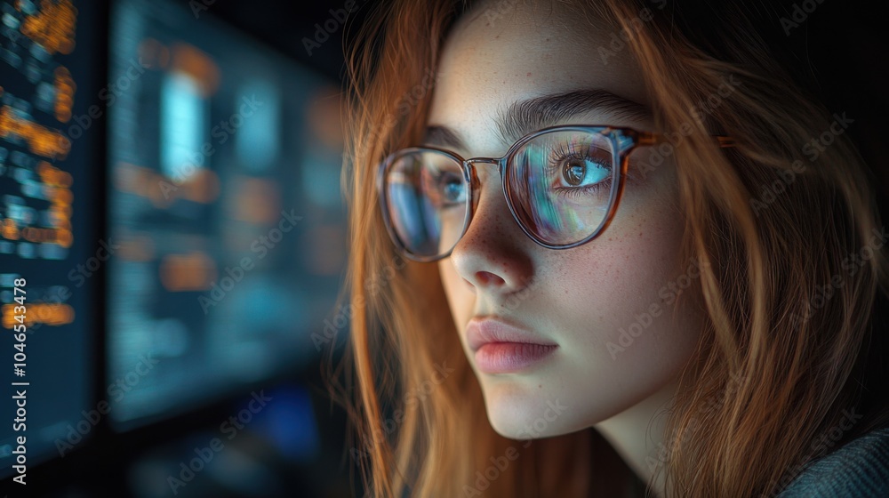 A focused individual working on a computer in a dark environment. A focused individual working on a computer in a dark environment.