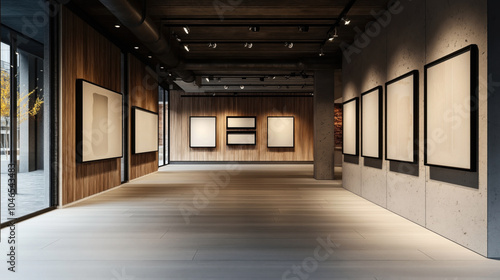 Modern art gallery interior with wooden and concrete walls displaying framed abstract artworks in a minimalist spacious setting with track lighting.