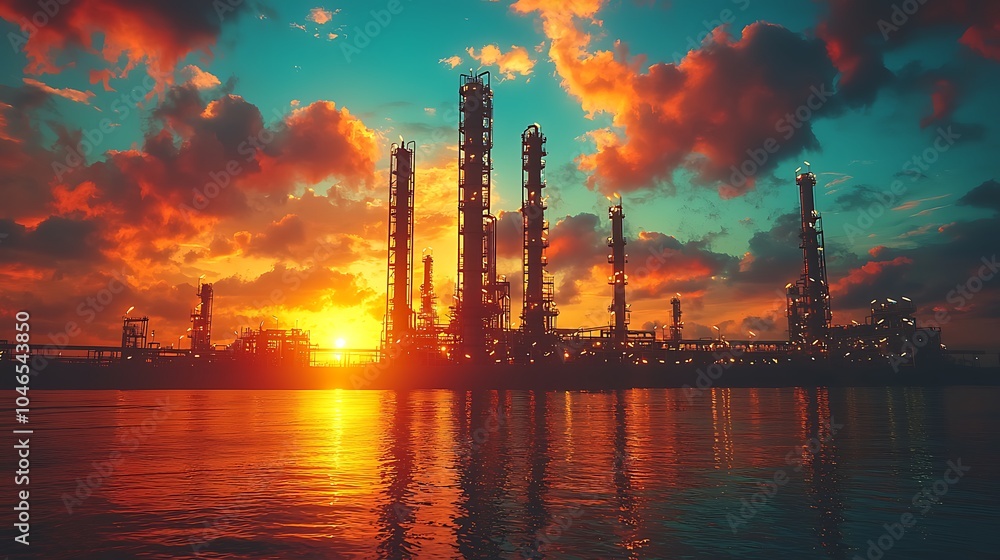 Silhouettes of Industrial Towers at Sunset with Golden Reflections on Water Silhouettes of Industrial Towers at Sunset with Golden Reflections on Water