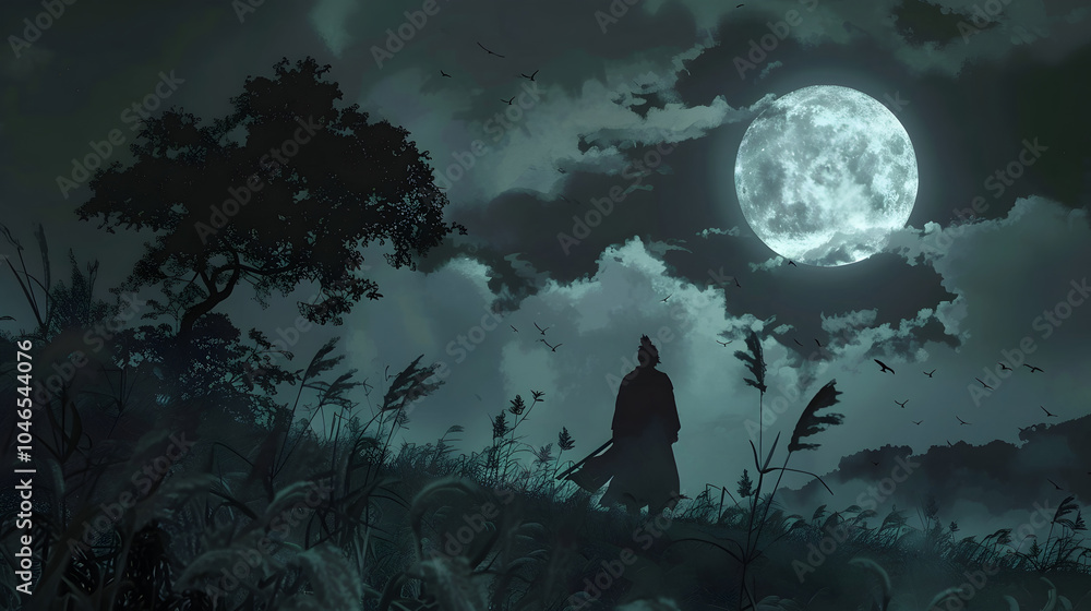 Fototapeta premium Lone warrior holding sword standing in full moon, dramatic scene