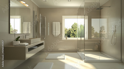 A sleek bathroom with a wall-mounted sink