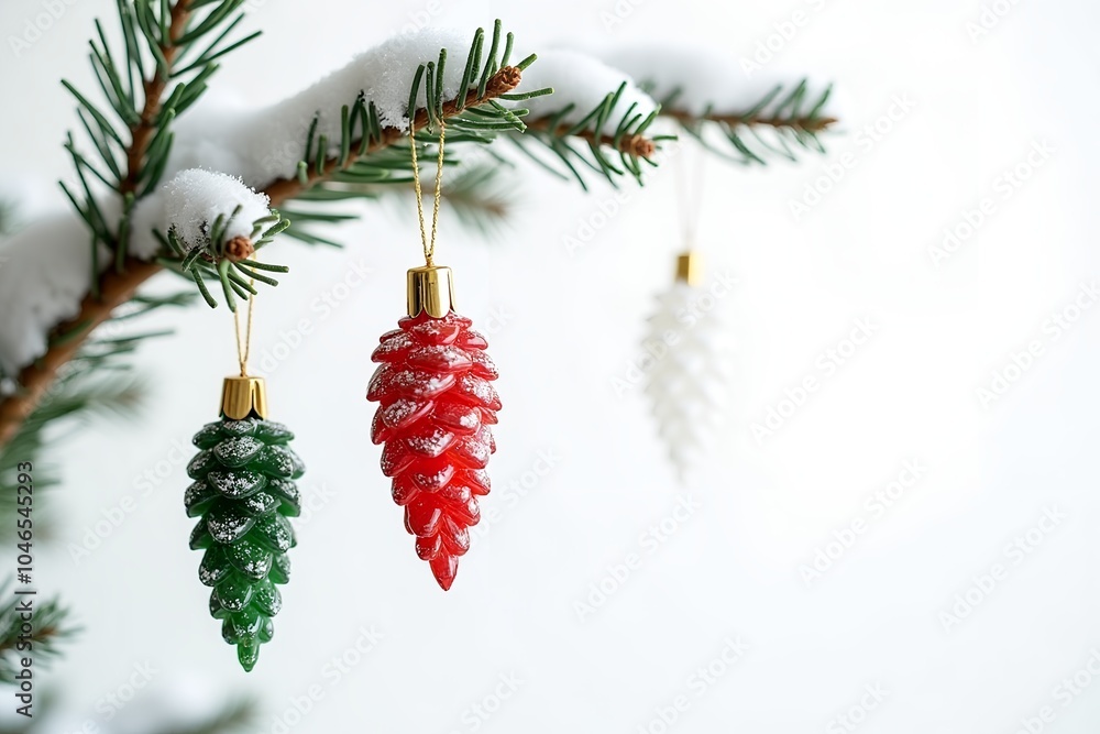 Christmas tree toys, on a snowy branch, image on white background Christmas tree toys, on a snowy branch, image on white background