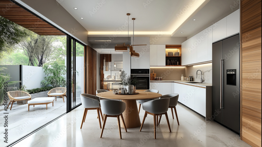 Modern kitchen and dining area with round wooden table, gray chairs, large refrigerator, and sliding glass doors leading to a patio with outdoor seating and greenery. Modern kitchen and dining area with round wooden table, gray chairs, large refrigerator, and sliding glass doors leading to a patio with outdoor seating and greenery.