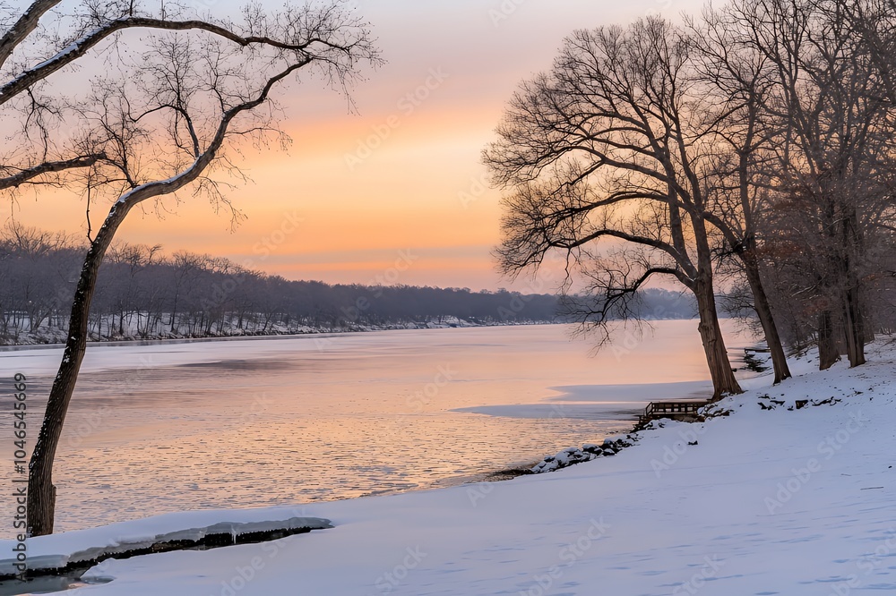 A scenic view of a frozen river at sunrise, with bare trees on the banks and a snow-covered shoreline. A scenic view of a frozen river at sunrise, with bare trees on the banks and a snow-covered shoreline.