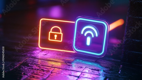 A glowing neon icon representing VPN monitoring and firewall protection.

 photo