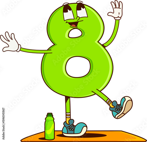 Math number eight groovy character on fitness. Practicing fitness exercise school math number cheerful vector personage, doing yoga numeric symbol, education digit 8 or math number groovy character
