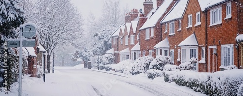 Real estate signs dot snowy suburban English row houses in a quiet area.