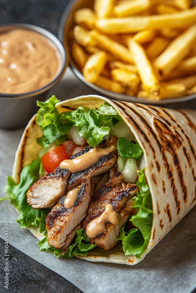 A close-up of a grilled taco wrap filled with grilled chicken or steak, perfectly cooked and juicy. Inside, two sauces--a creamy garlic sauce and a tangy barbecue sauce
A close-up of a grilled taco wrap filled with grilled chicken or steak, perfectly cooked and juicy. Inside, two sauces--a creamy garlic sauce and a tangy barbecue sauce