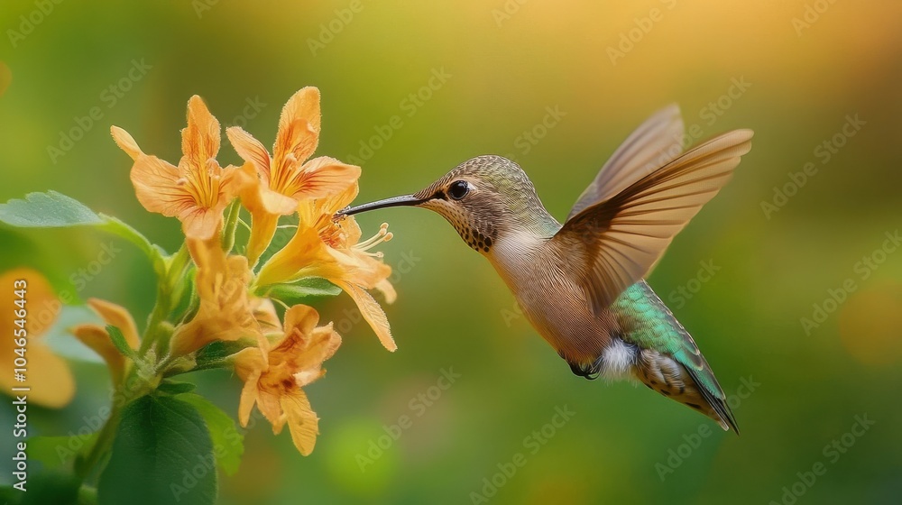Naklejka premium A close-up of a hummingbird sipping nectar from a flower.