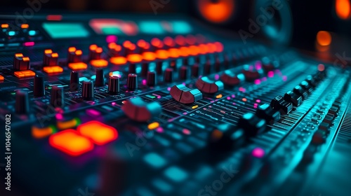 A close-up of a soundboard, audio mixer with colorful lights. recording studio shot. Symbolizes audio engineering, sound and music recording.