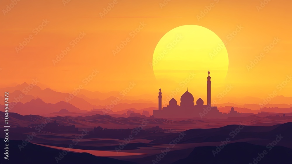 Naklejka premium Silhouette of mosque at sunset, orange sky