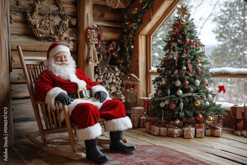 Smiling santa claus sitting on the rocking chair in his wooden cozy, warm house in lapland next to the decorated christmas tree with gifts underneath. Snow behind the big window. 