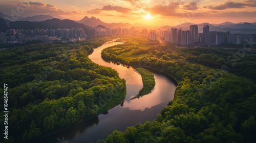 A river with a city in the background