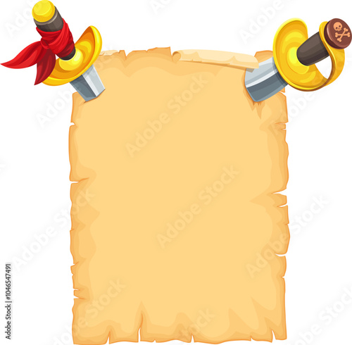 Pirate vintage scroll paper with stuck dagger and saber. Cartoon vector old parchment, corsair treasure map template with a weathered texture, pierced by two golden-handled blades at the top corners