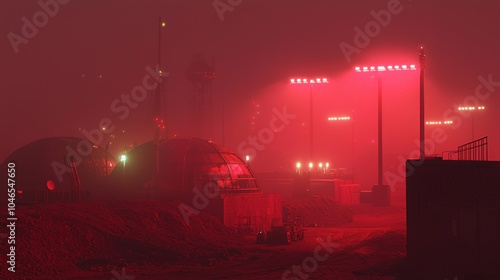 Futuristic Mars Colony Panorama During Dust Storm - Ultra-Detailed View of Illuminated Protective Domes and Structures on Red Planet