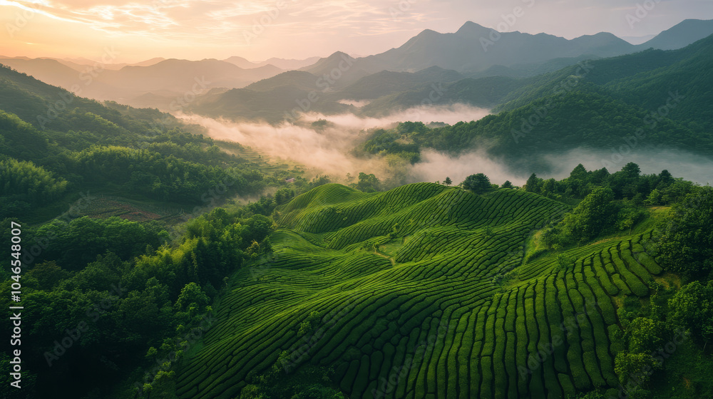 Fototapeta premium A lush green hillside with a misty fog rolling in from the mountains