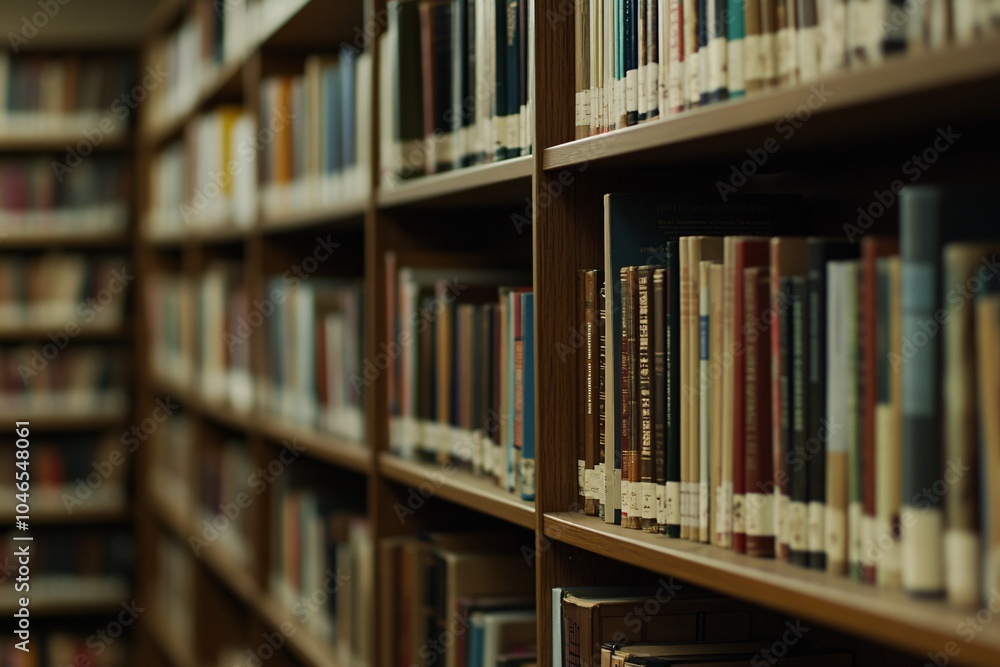 A Library of Knowledge: Rows of Books on Wooden Shelves A Library of Knowledge: Rows of Books on Wooden Shelves