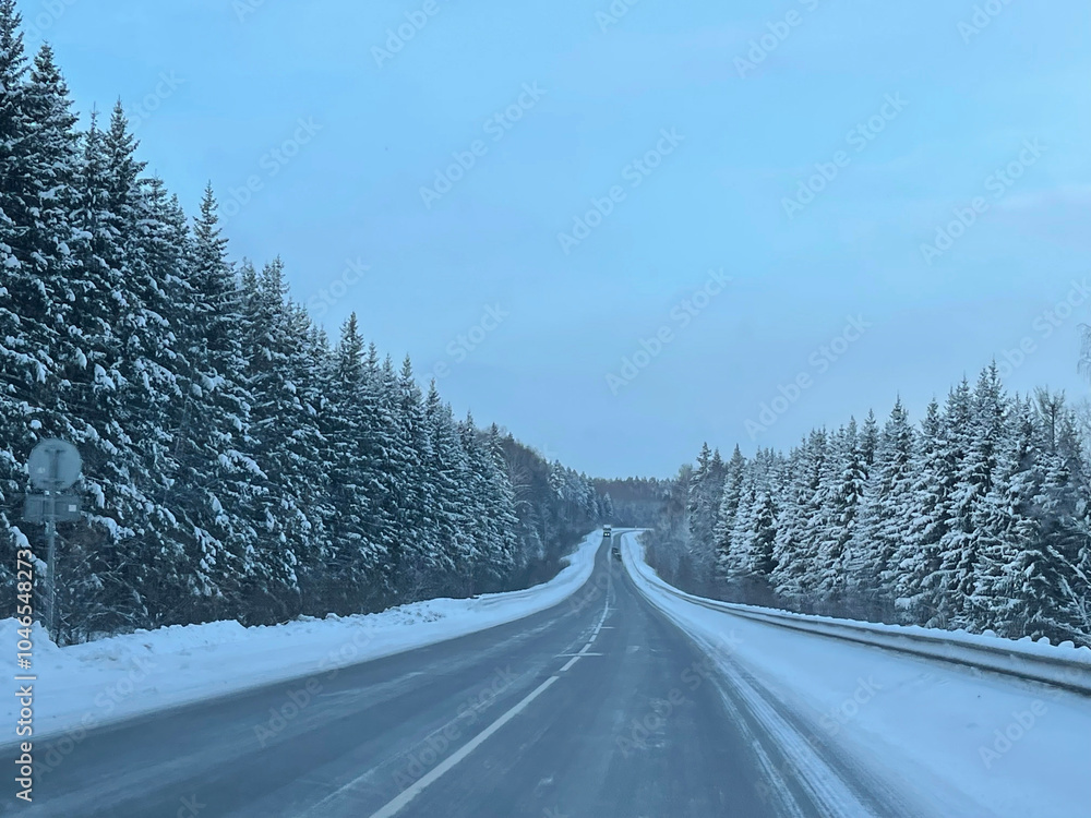 Obraz premium The road runs through a winter forest covered with snow