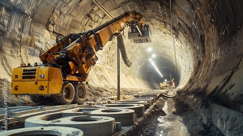 Automated machinery installing prefabricated concrete rings to line and reinforce the interior of a tunnel during major infrastructure construction project