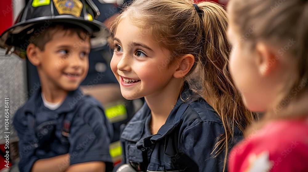 Community members participating in a fire safety awareness program at their local fire station learning about fire prevention emergency response Community members participating in a fire safety awareness program at their local fire station learning about fire prevention emergency response