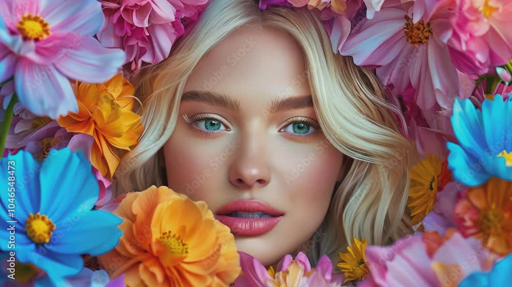 A serene, close-up portrait of a young woman with blonde hair surrounded by vibrant flowers in various colors, including pink, blue, and orange. Her expression is calm and peaceful, highlighting a sof A serene, close-up portrait of a young woman with blonde hair surrounded by vibrant flowers in various colors, including pink, blue, and orange. Her expression is calm and peaceful, highlighting a sof