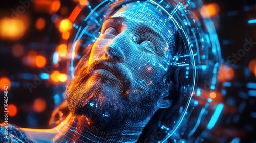 Futuristic digital jesus christ sculpture with glowing elements 