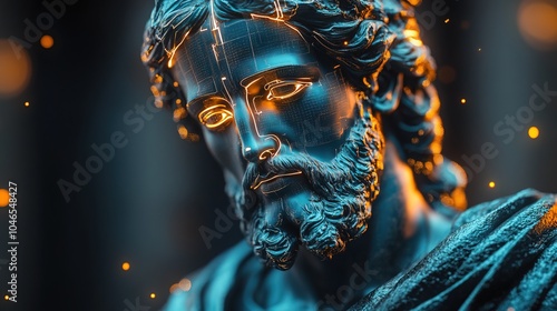 Futuristic digital jesus christ sculpture with glowing elements 