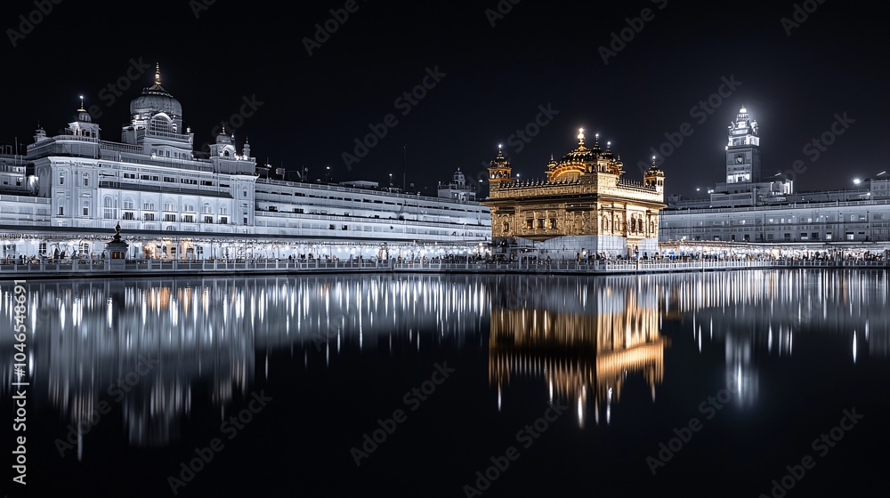 Fototapeta premium Golden temple illuminated by oil lamps, sacred glow, Festival of Lights celebration