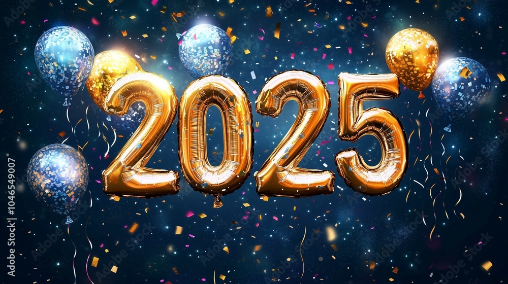 Happy New Year background with 2025 shiny golden numbers made of air balloons isolated on black background. Festive celebration banner
Happy New Year background with 2025 shiny golden numbers made of air balloons isolated on black background. Festive celebration banner