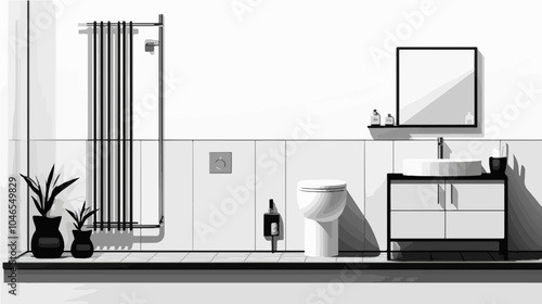 Black and white illustration of a bathroom.