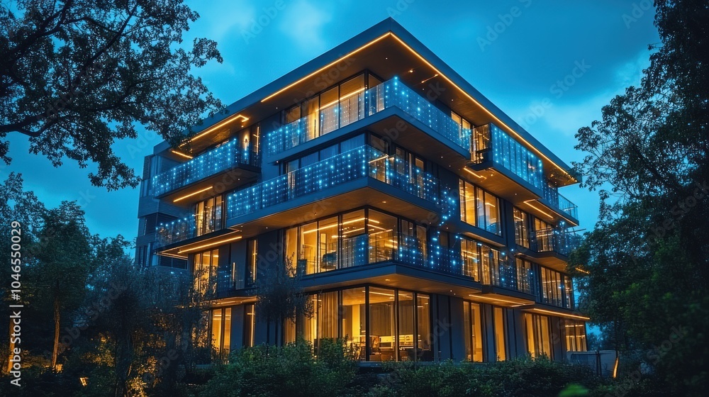 Fototapeta premium Modern building illuminated at dusk, showcasing architectural design.