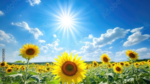 A picturesque view of a sunflower field under a bright sun, with vibrant yellow flowers swaying gently in the breeze.