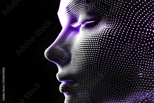 Abstract digital female human face on a black background. Artificial intelligence concept of big data or cyber security. 