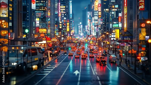 A vibrant and bustling city street at night, illuminated by neon lights and bustling with traffic.
