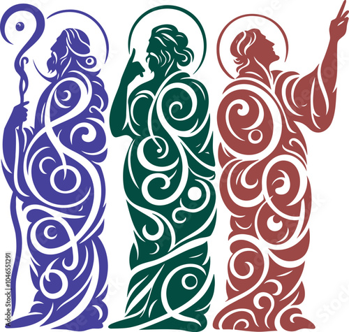 Stylized Christian Trinity Figures with Floral Patterns