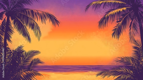Palm trees frame a vibrant sunset over the ocean, creating a tropical paradise.